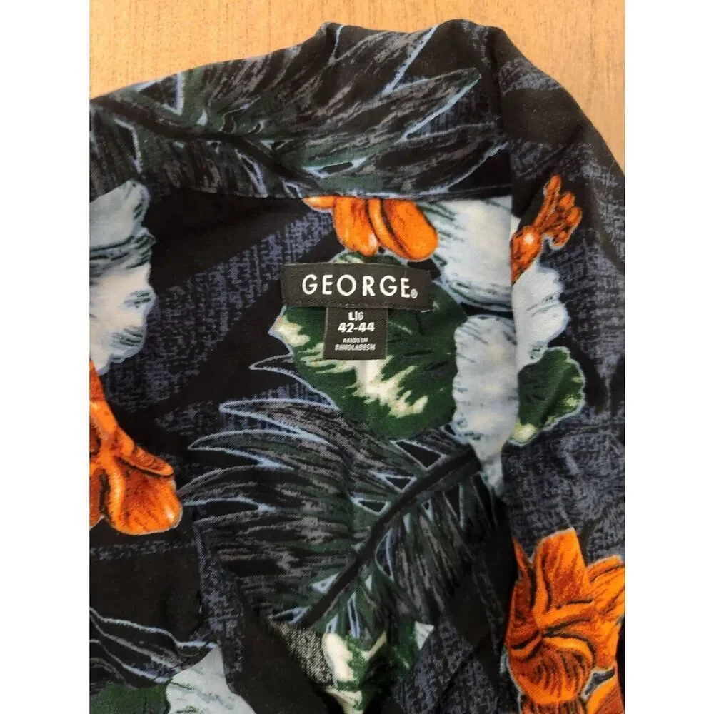 George Short Sleeve Shirt Men L Hawaiian Camp Floral, button up